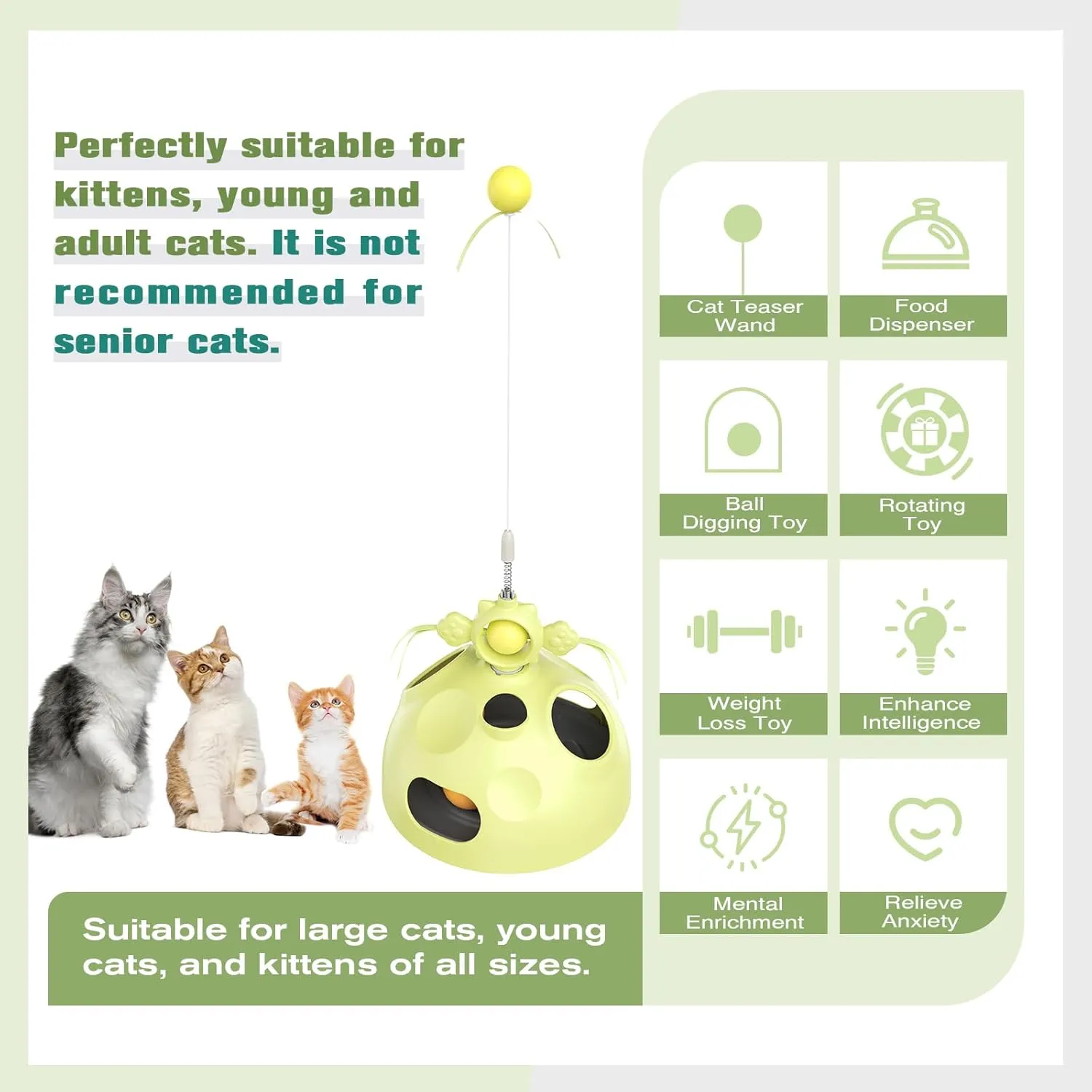 Zaabaaziba Interactive Cat Toys Multifunctional, Track Balls, Kitten Toy for Indoor, High-Elasticity Teaser Wand, Multi-Cat Households, All Breeds, Slow Feeder Toy Green