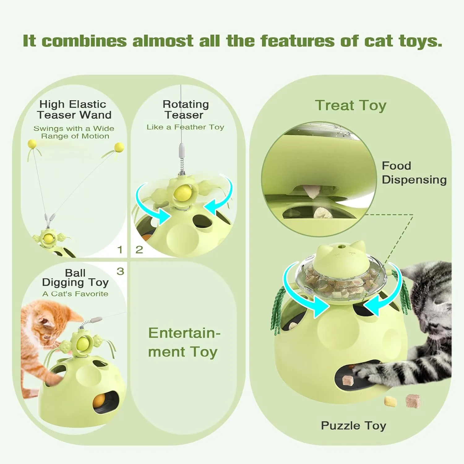Zaabaaziba Interactive Cat Toys Multifunctional, Track Balls, Kitten Toy for Indoor, High-Elasticity Teaser Wand, Multi-Cat Households, All Breeds, Slow Feeder Toy Green