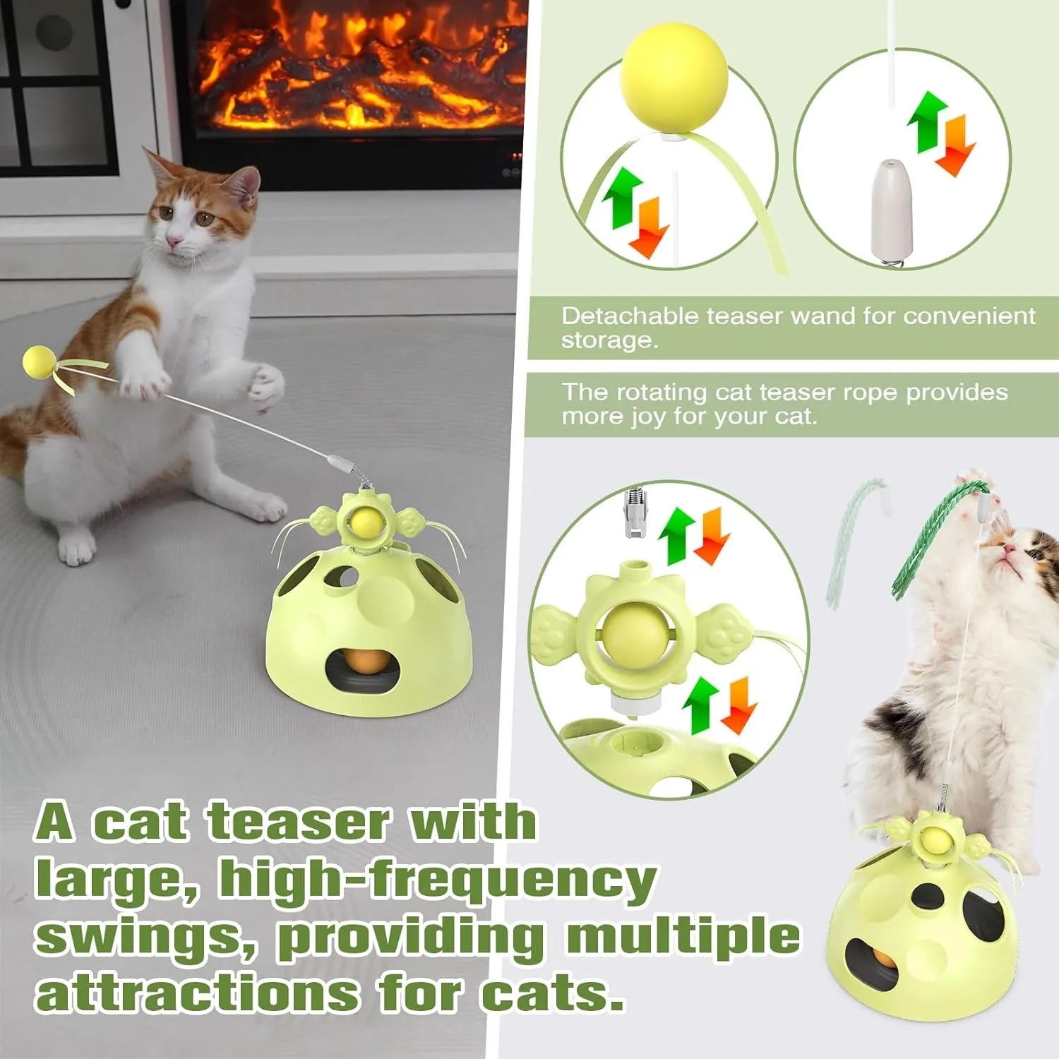 Zaabaaziba Interactive Cat Toys Multifunctional, Track Balls, Kitten Toy for Indoor, High-Elasticity Teaser Wand, Multi-Cat Households, All Breeds, Slow Feeder Toy Green