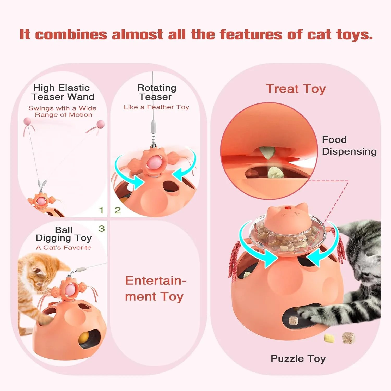Zaabaaziba Interactive Cat Toys Multifunctional, Track Balls, Kitten Toy for Indoor, High-Elasticity Teaser Wand, Multi-Cat Households, All Breeds, Slow Feeder Toy Pink