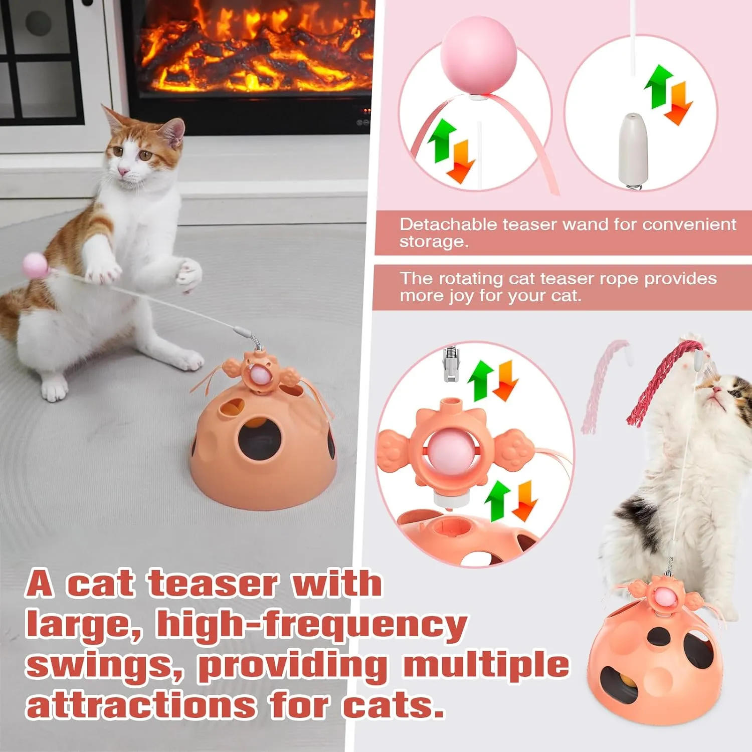 Zaabaaziba Interactive Cat Toys Multifunctional, Track Balls, Kitten Toy for Indoor, High-Elasticity Teaser Wand, Multi-Cat Households, All Breeds, Slow Feeder Toy Pink